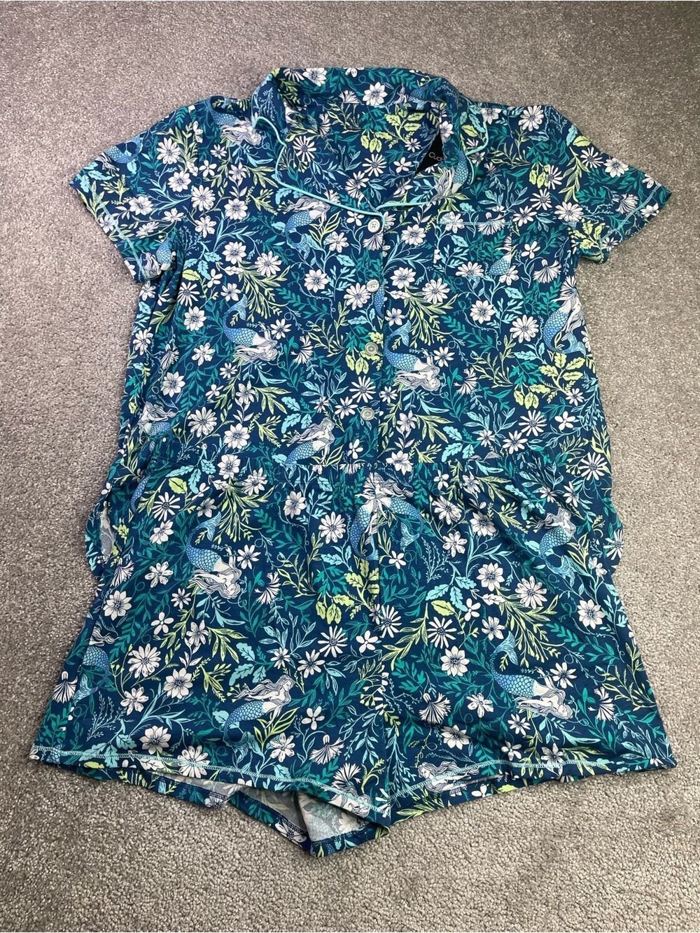 Cuddl Duds Boxer Pajama Set Women's Large Blue Floral Mermaids